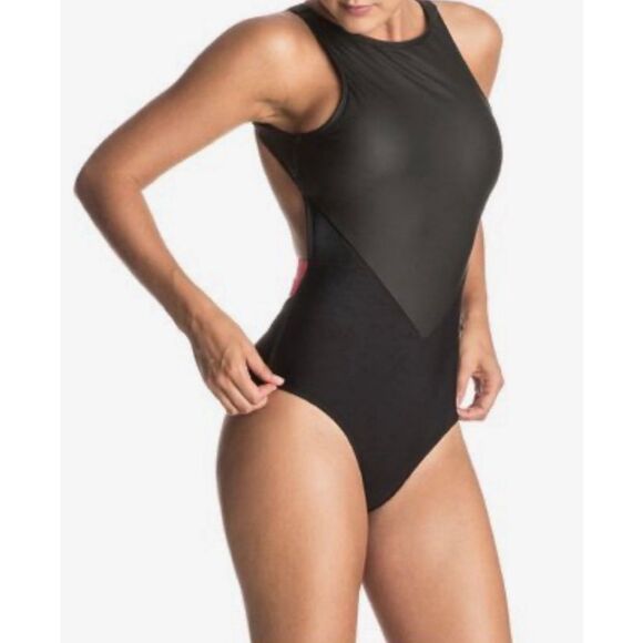 Roxy L NWT Sand to Sea Coated Contrast Trim One-Piece Swimsuit black pink - Picture 1 of 13